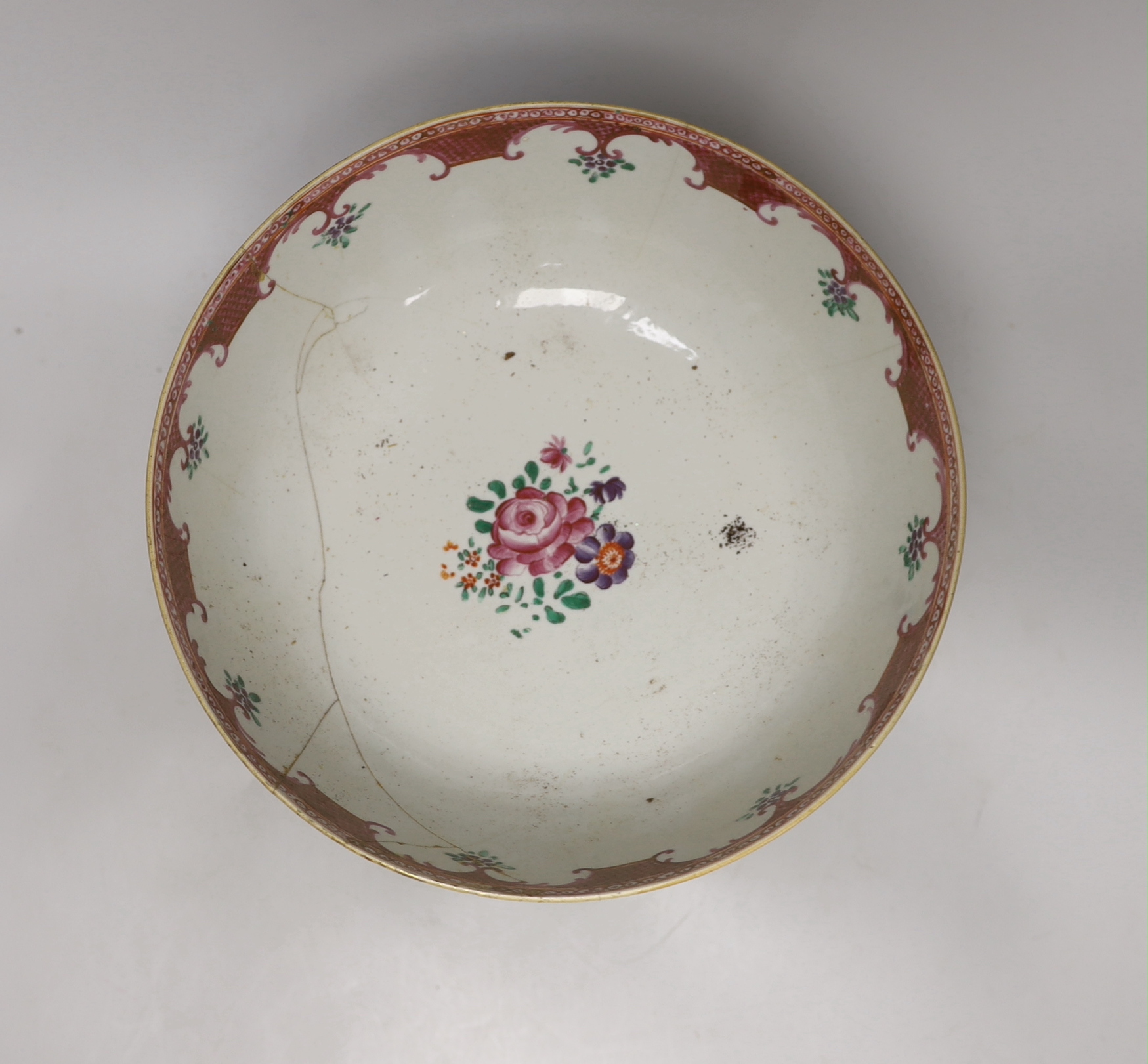An 18th century Chinese famille rose bowl and stand, bowl 13cm high (a.f) stand 17cm high
